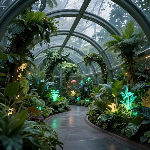 Photograph of a lush, indoor tropical greenhouse with a curved, glass-roofed ceiling, illuminated by green and yellow LED lights, featuring dense fern