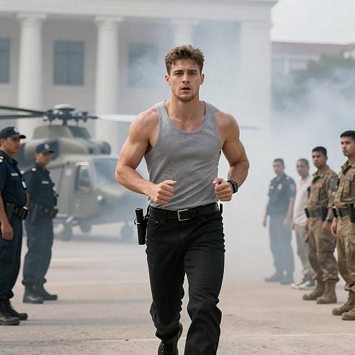 Muscular Man Running Amid Military and Police Presence