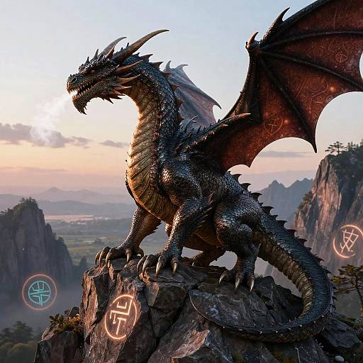 Photorealistic digital art of a dark, spiked dragon with glowing runes on a rocky perch, overlooking a misty, mountainous landscape at sunset.