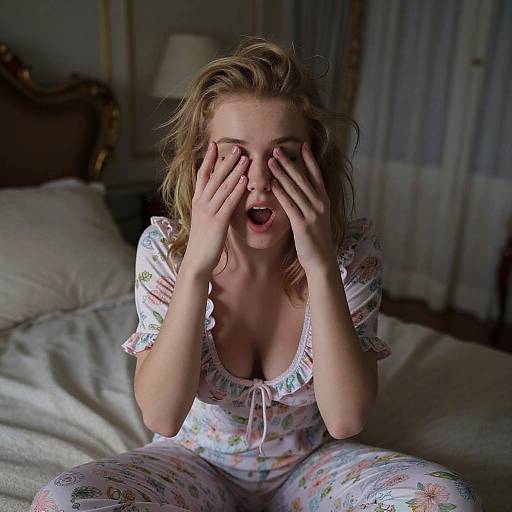 Photograph of a blonde woman in floral pajamas, covering her eyes with hands, mouth open in surprise, sitting on a bed in a dimly