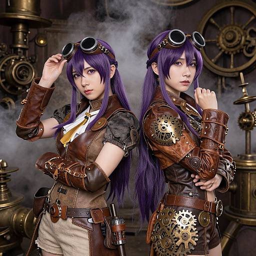 Digital art of two anime-style women with long purple hair, steampunk attire, goggles, brown leather, and brass gears, standing in a sm
