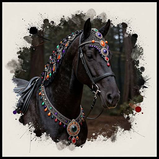 Digital illustration of a dark brown horse adorned with elaborate, colorful jewelry, including gemstones and intricate metalwork, set against a splattered black and white