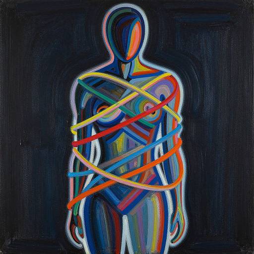 Abstract digital painting of a faceless, colorful humanoid figure with bright red, yellow, blue, and green ribbons wrapping around its body against a dark