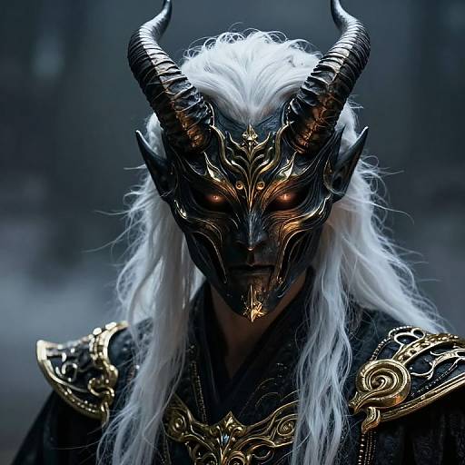 Digital art of a menacing, horned figure with glowing orange eyes, white flowing hair, and intricate black and gold armor.