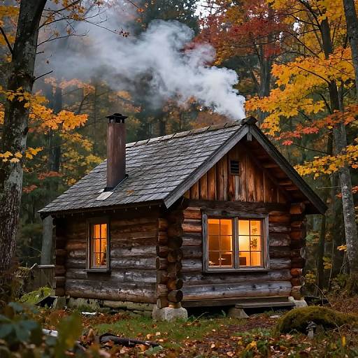 Photograph of a rustic log cabin with a smoking chimney, warm yellow-lit windows, surrounded by vibrant autumn trees in a forest.