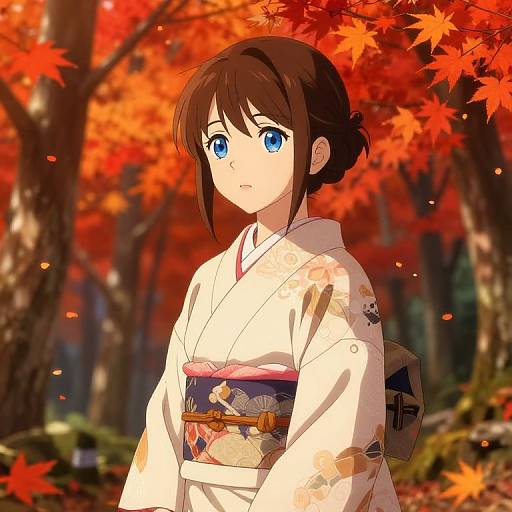 Anime Girls in Autumn Kimono Forest