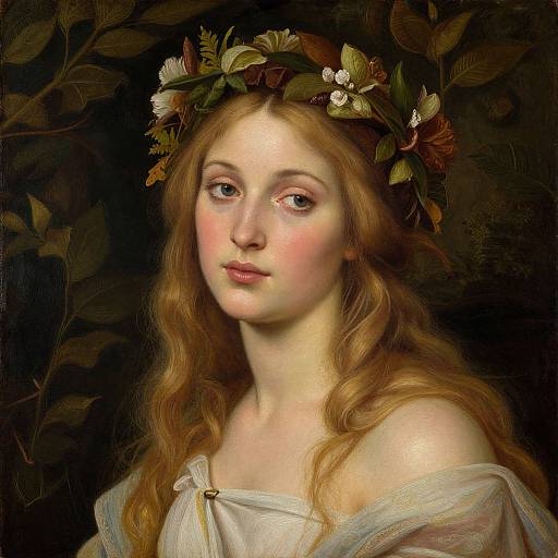 Digital painting of a fair-skinned, red-haired woman with delicate features, wearing a floral crown and off-shoulder white gown, against a dark
