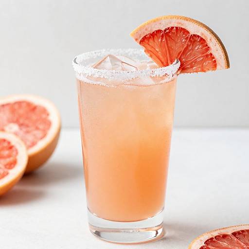 Photograph of a pink cocktail in a salt-rimmed glass with a grapefruit slice garnish, accompanied by halved grapefruits in the