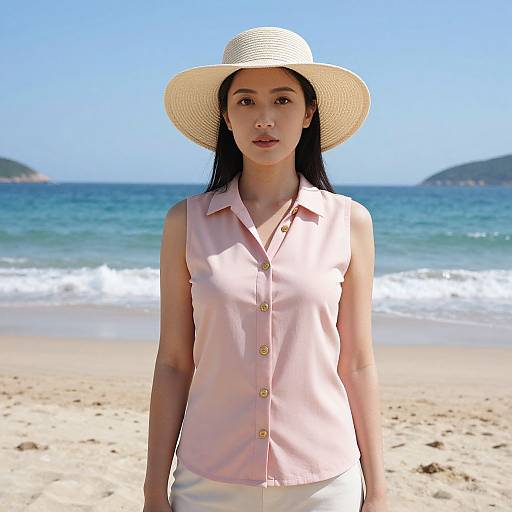 Photograph of an Asian woman with long black hair, wearing a white sunhat, pink sleeveless shirt, and white pants, standing on a sunny
