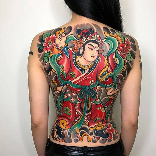 Photograph of a person with a vibrant, traditional Japanese-style tattoo on their back featuring a red-robed woman with flowers and green vines, set against