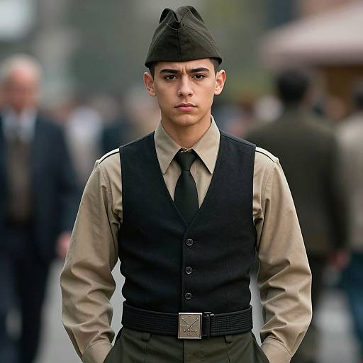 Photograph of a serious young man in a military-style uniform with black vest, beige shirt, black tie, and cap, standing in a blurred,
