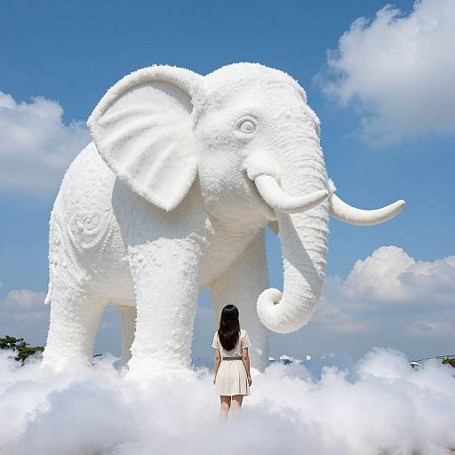 Digital art: A white, intricately carved elephant stands on a cloud, with a black-haired woman in a white dress facing it, under a bright