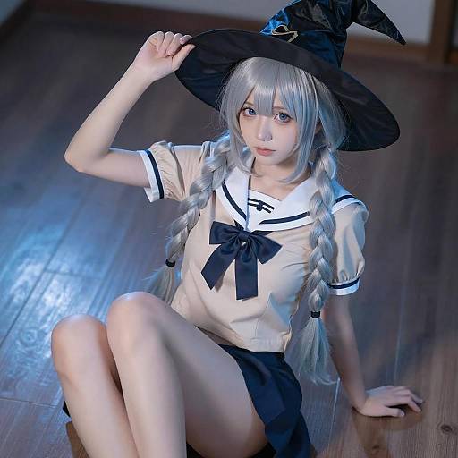 Cosplay photograph of an Asian woman with long silver hair, wearing a black witch hat, white sailor-style top, and black skirt, sitting on wooden