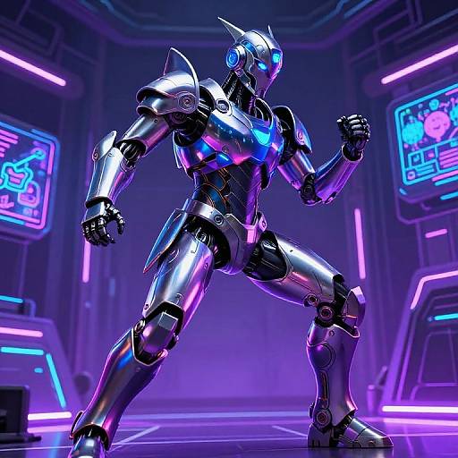 Cybernetic warrior robot in dynamic pose, illuminated by neon purple and blue lights, futuristic control room with glowing screens in background.