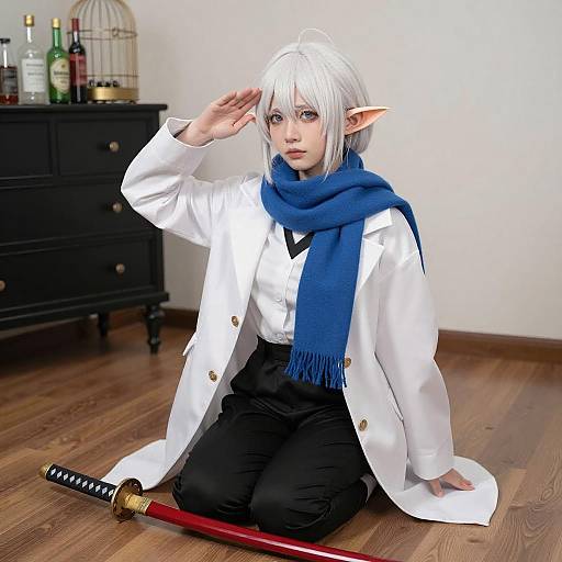 White-Haired Elf Anime Girl Saluting