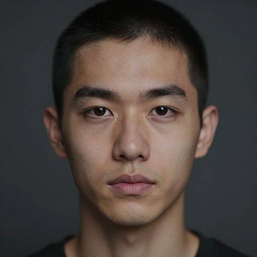Photograph of a young Asian man with short black hair, brown eyes, and light skin, wearing a black shirt, against a dark gray background.