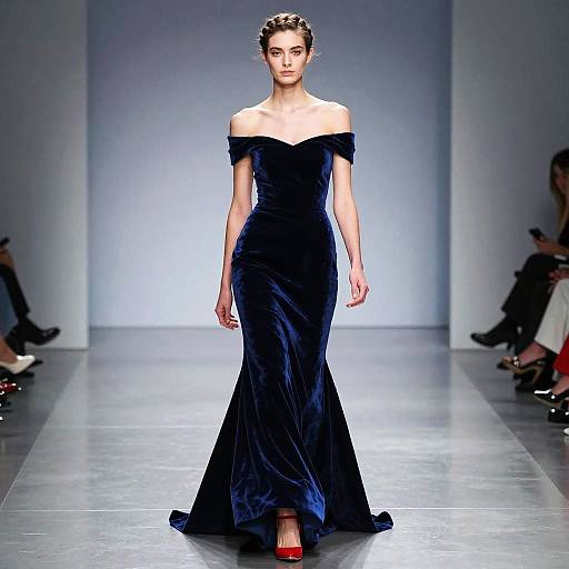 Female Model in Midnight Blue Velvet Gown on Runway