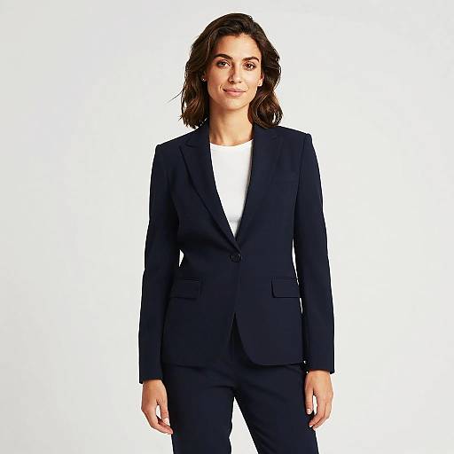Photograph of a confident woman with wavy brown hair, wearing a dark navy blazer over a white shirt, standing against a plain white background.