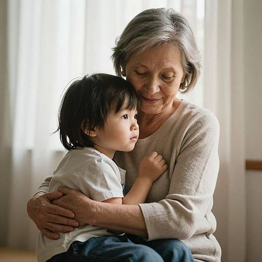 Photograph of an elderly woman with short gray hair, wearing a beige sweater, tenderly hugging a young boy with black hair, in a white