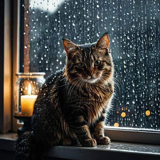 Cozy Cat in Rainy Windowsill Scene Cozy Cat in Rainy Windowsill Scene