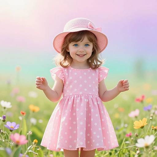 Photograph of a smiling young girl with blue eyes, wearing a pink polka dot dress and sunhat, standing in a colorful, sunlit me