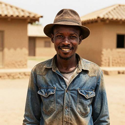 Smiling African man in worn denim shirt and brown hat stands in front of sunlit, beige, stucco building with tiled roof. Bright,