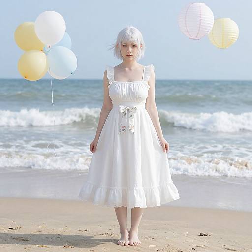 Photograph of a pale-skinned, white-haired girl in a white dress holding yellow and white balloons on a sunny beach.