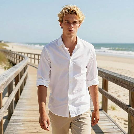 Photograph of a blonde, Caucasian man with wavy hair, wearing a white button-up shirt and beige pants, walking on a sandy beach boardwalk