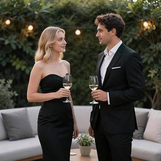 Elegant couple holding wine glasses outdoors