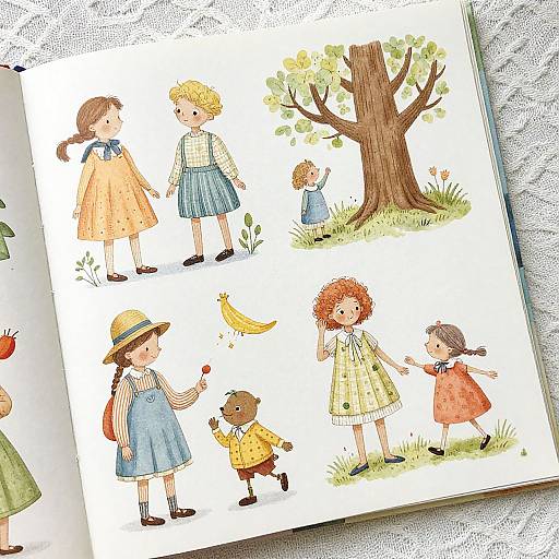 Watercolor illustration of children playing outdoors: girls in dresses and boys in shirts, near a tree, with a banana and flowers.