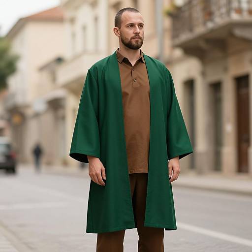 Photograph of a bearded man with a short haircut, wearing a green academic robe over a brown shirt and pants, standing on a blurred, cob
