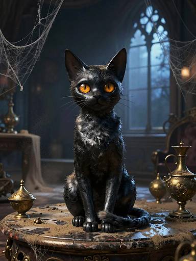 CGI black cat with glowing yellow eyes sits on a wooden table in a dimly lit, spider-web adorned, antique room.