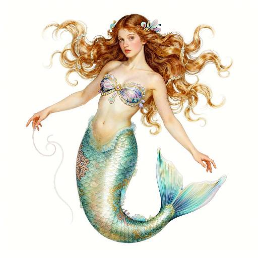 Digital art of a beautiful mermaid with long, wavy auburn hair, a shimmering blue-green fish-scale tail, and a colorful se