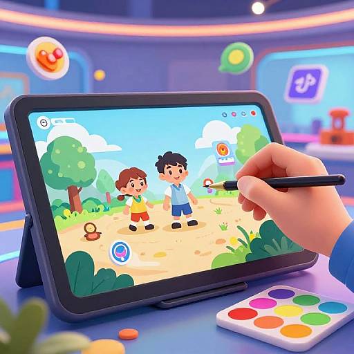 Digital illustration of a hand drawing on a tablet displaying a colorful, cartoon-style game with two child characters in a sunny outdoor setting. Palette on the table