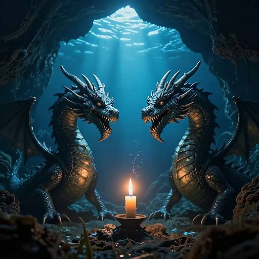 Photorealistic digital art: Two fierce, blue-scaled dragons with glowing eyes face each other in a dark cave, illuminated by a lit candle below
