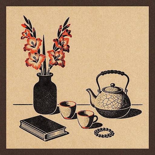 Linocut Still Life with Vase, Cups, and Teapot