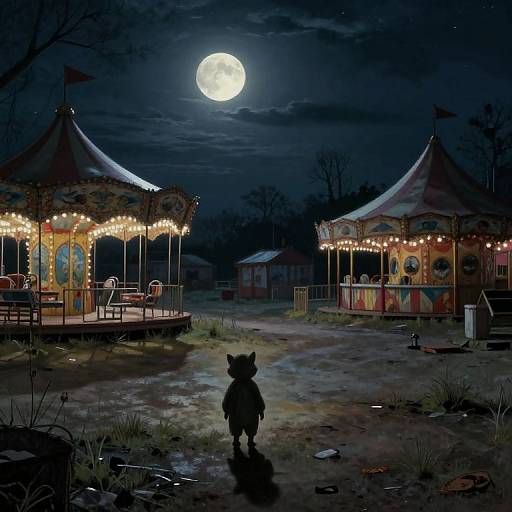 Digital illustration of a dark, moonlit night. A shadowy cat silhouette walks towards two brightly lit, vintage carousel booths.