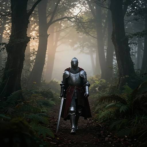 Photograph of a lone armored knight with a sword, standing in a misty, dark forest, sunlight filtering through tall trees.