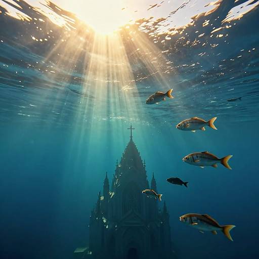 Photograph of sunlight piercing underwater, illuminating a Gothic-style cathedral with rays of light, surrounded by five colorful fish swimming around it.