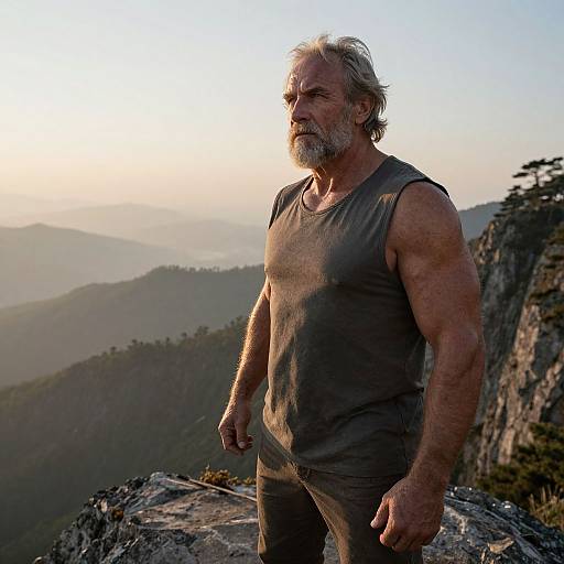 Photograph of a muscular, gray-haired, bearded man in a gray tank top standing on a rocky mountain peak at sunset, with a misty