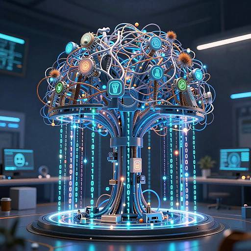 Photograph of a futuristic, glowing, cybernetic tree with neon blue and orange lights, circuitry, and holographic symbols in a sleek,