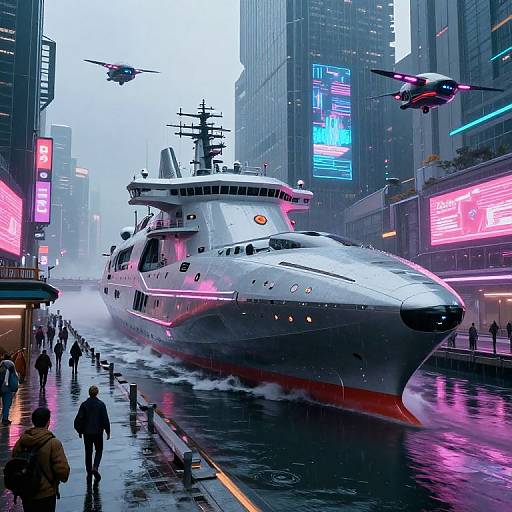 Neon-lit futuristic city street with large white military-style ship speeding through water, surrounded by people, drones, and towering buildings.