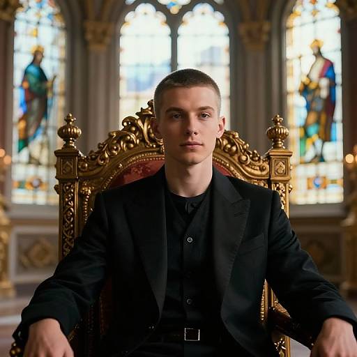 Young man with short brown hair, wearing black suit and shirt, sits on ornate gold throne in brightly lit, stained glass adorned cathedral.