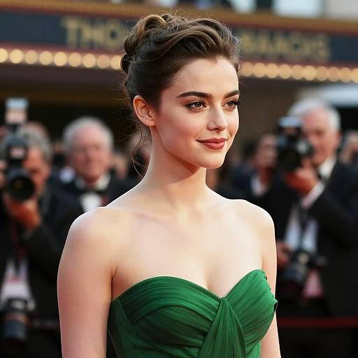 Photograph of Emma Stone at a red carpet event, wearing a strapless green gown, with her hair styled in an elegant updo, surrounded by