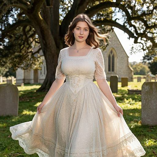 Photograph of a young woman with wavy brown hair in a white lace wedding dress, standing in a sunlit graveyard with a stone church in the