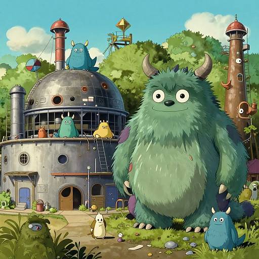 Digital cartoon of a forest with a large, green, fluffy monster and various smaller, blue and yellow, horned creatures around a rusty, dome-t