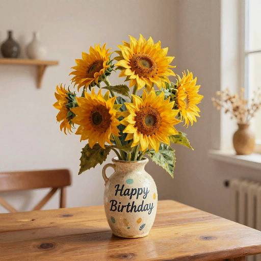 Photograph of vibrant sunflowers in a ceramic vase with 