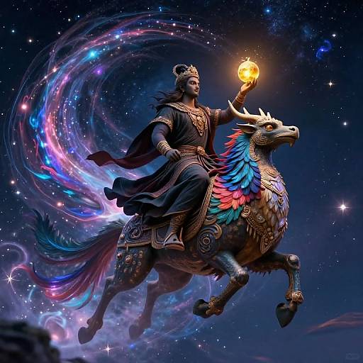 Digital artwork: Regal, dark-haired man in ornate armor holding a glowing orb, riding a vibrant, multicolored dragon through a starry