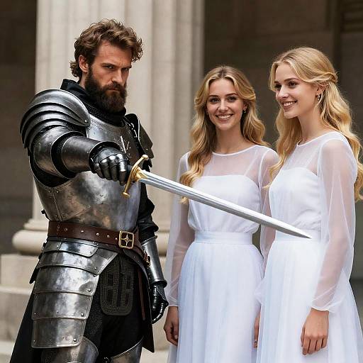 Knight Pointing Sword at Two Women in White Dresses