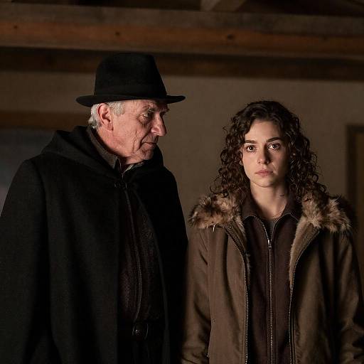 Photograph of an elderly man in a black hat and coat standing beside a young woman with curly hair in a fur-trimmed jacket, both looking
